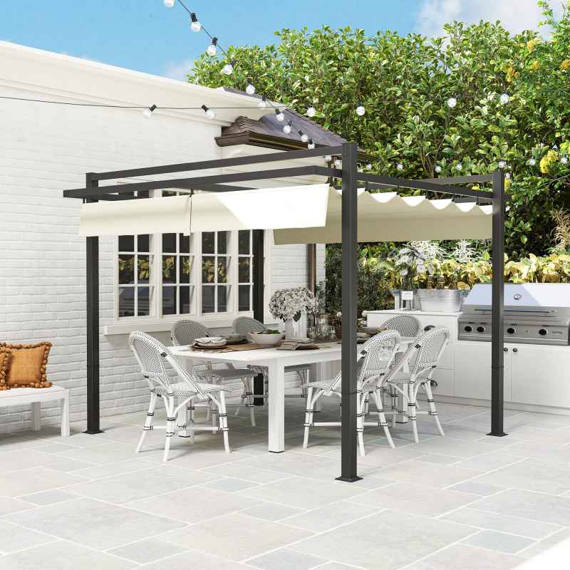 Outsunny 3 x 3(m) Pergola with Retractable Roof Canopy, Aluminium Frame Garden Gazebo Outdoor Sun Shade Shelter for Grill, Patio, Deck, Khaki