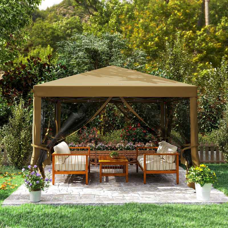 Outsunny 3 x 3m Pop Up Gazebo, 420D Garden Tent Canopy with Removable Mesh Sidewall Netting, Carry Bag for Garden Patio Outdoor, Khaki