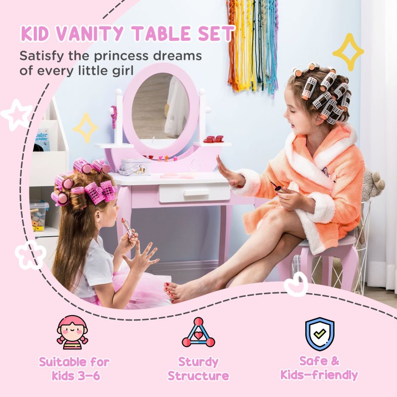 ZONEKIZ Kids Dressing Table, Kids Vanity Set, Girl Makeup Desk w/ Mirror, Stool, Drawer, for Ages 3-6 Years - Pink