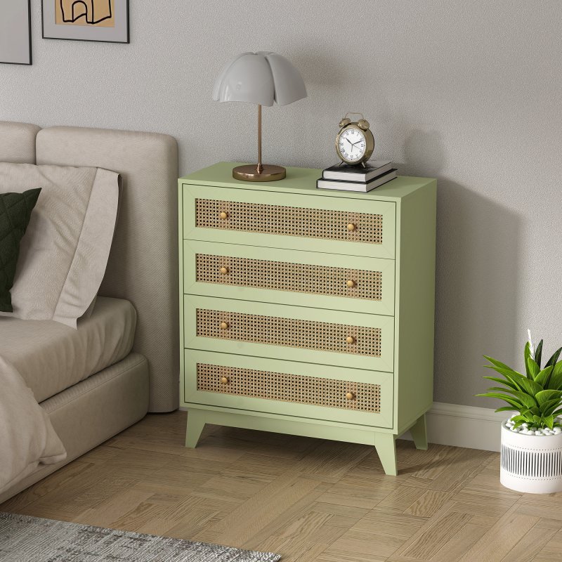 HOMCOM Chest of Drawers, 4-Drawer Storage Organiser Unit with Rattan Element for Bedroom, Living Room, Light Green