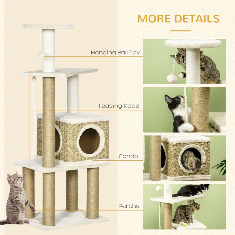 PawHut Cat Tree Climbing Kitten Tower Activity Centre for Indoor Cats w/ Jute Scratching Post, Cat House, Kitten Stand, Hanging Toy Ball - Beige