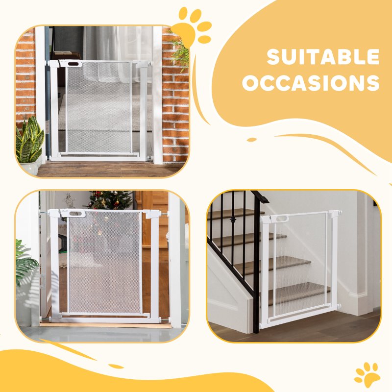 PawHut Pressure Fit Safety Gate for Doorways and Staircases, Dog Gate w/ Auto Closing Door, Pet Barrier for Hallways w/ Double Locking, Openings 75-82 cm - White