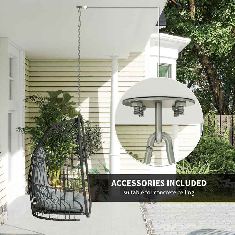Outsunny Hanging Egg Chair, Foldable Rattan Garden Swing Chair with Installation Kit, Thickened Cushion and Headrest, Indoor Outdoor Hanging Egg Basket Seat for Patio, Porch, Dark Grey
