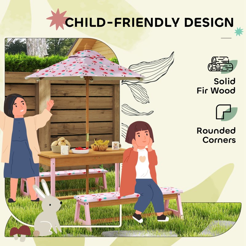 AIYAPLAY Kids Picnic Table, Wooden Children Garden Table and Bench Set with Removable & Foldable Umbrella, Cushions, Storage Boxes, Flamingo Theme Outdoor Furniture for Boys Girls, Pink