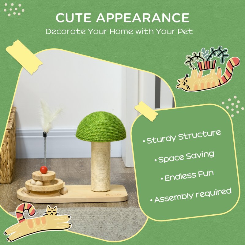 PawHut 26cm Cat Scratching Post, Mushroom-Shaped Cat Post with Toy Balls, Feather, Sisal Scratch Post for Indoor Cats - Natural tone and green