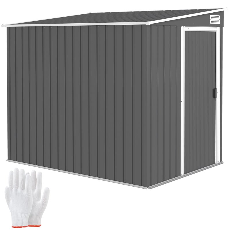 Outsunny 7 x 5FT Galvanised Metal Garden Shed with Foundation, Lean to Shed, Tool Storage House with Sliding Doors, 2 Vents, Adjustable Shelves and Hooks, Dark Grey