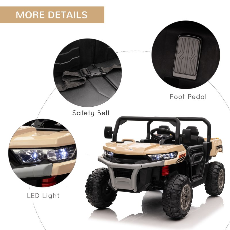 HOMCOM 2 Seater Kids Ride On Car with Electric Bucket, 12V Battery Powered Electric UTV with Shovel, Parental Remote, 4 Spring Suspension Wheels, Working Horn, Music - Yellow