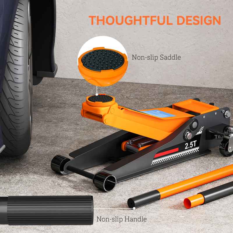 HOMCOM 2.5 Ton Hydraulic Low Profile Floor Jack, Heavy Duty Car Trolley Jack Lift with 7.5-47cm Lifting Range, Dual Piston Pump, Wheels, Non-slip Handle for Car Van Garage Tyre Repair Change, Orange