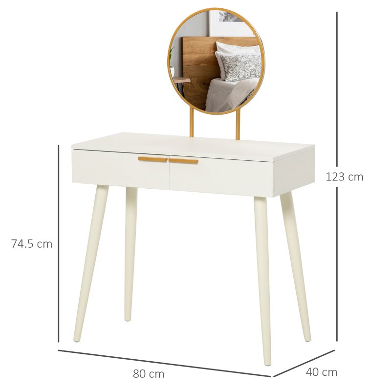 HOMCOM Modern Dressing Table with Round Mirror, Makeup Vanity Table with 2 Drawers for Bedroom, Living Room, 80 x 40 x 123 cm, White
