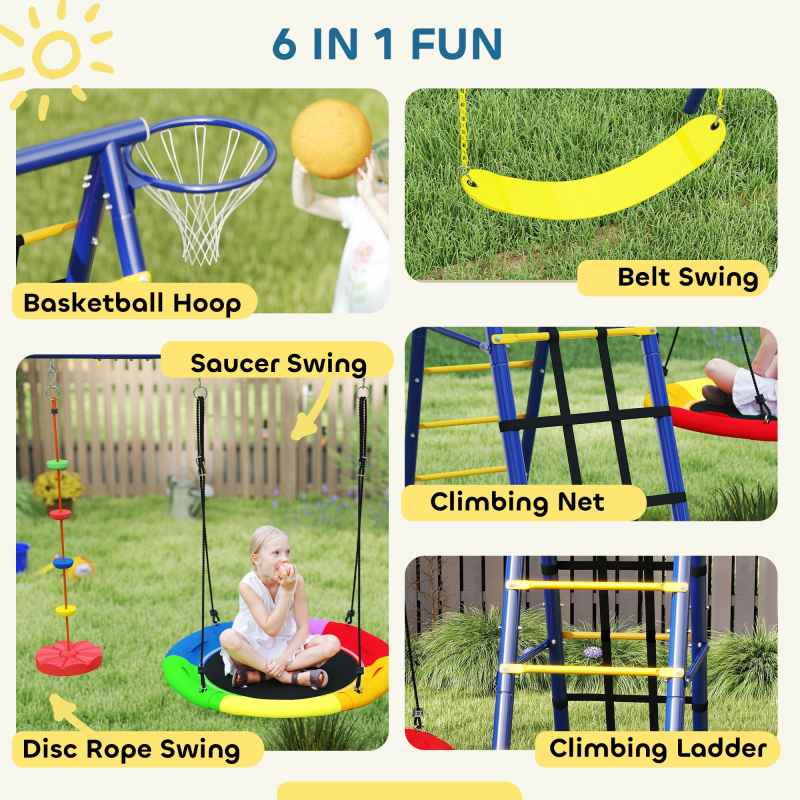 AIYAPLAY 6 in 1 Kids Swing Set, Metal Swing with 3 Swings, Basketball Hoop, Climbing Ladder and Net, Heavy Duty A-Frame Garden Swing Kids Outdoor Children Playground for Ages 3-8