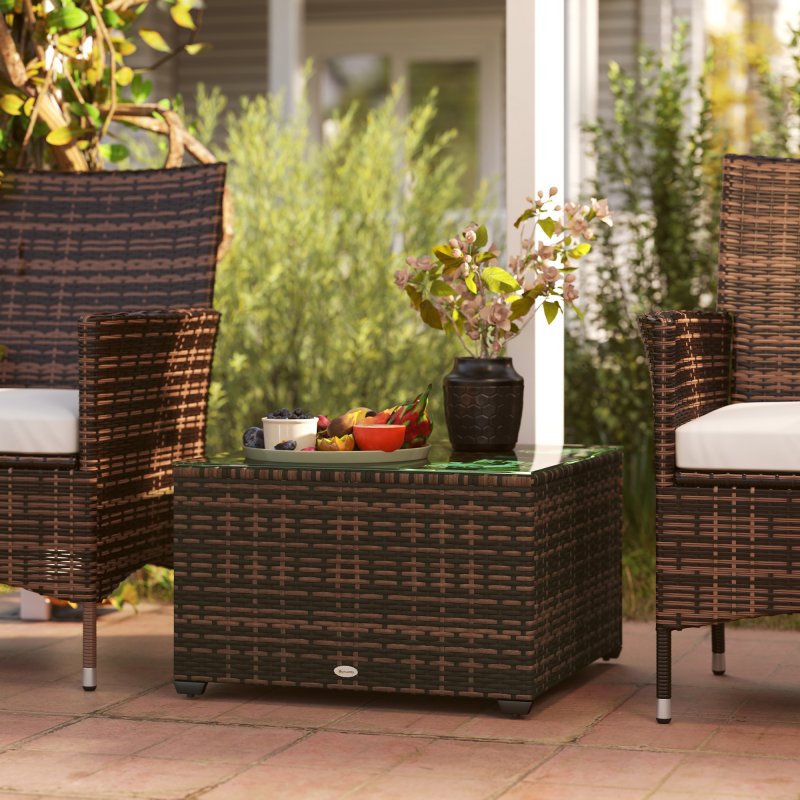 Outsunny Outdoor Coffee Table, PE Rattan Side Table with Tempered Glass Top, Wicker Square Garden Coffee Table End Table with Steel Frame for Patio, Balcony, 60 x 62 x 38cm, Brown