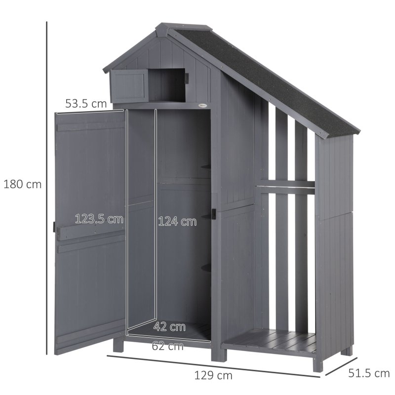 Outsunny Wooden Garden Storage Shed with 3 Shelves, Outdoor Garden Tool Storage Cabinet with Tilt Roof, Firewood Rack Log Carrier, 129 x 51.5 x 180cm, Grey