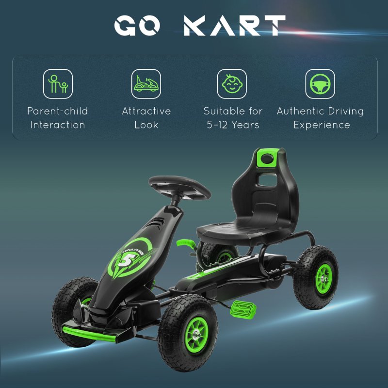 HOMCOM Children Pedal Go Kart, Raving Go Kart with Adjustable Seat, Inflatable Tyres, Shock Aborb, Handbrake, for Ages 5-12 Years - Green