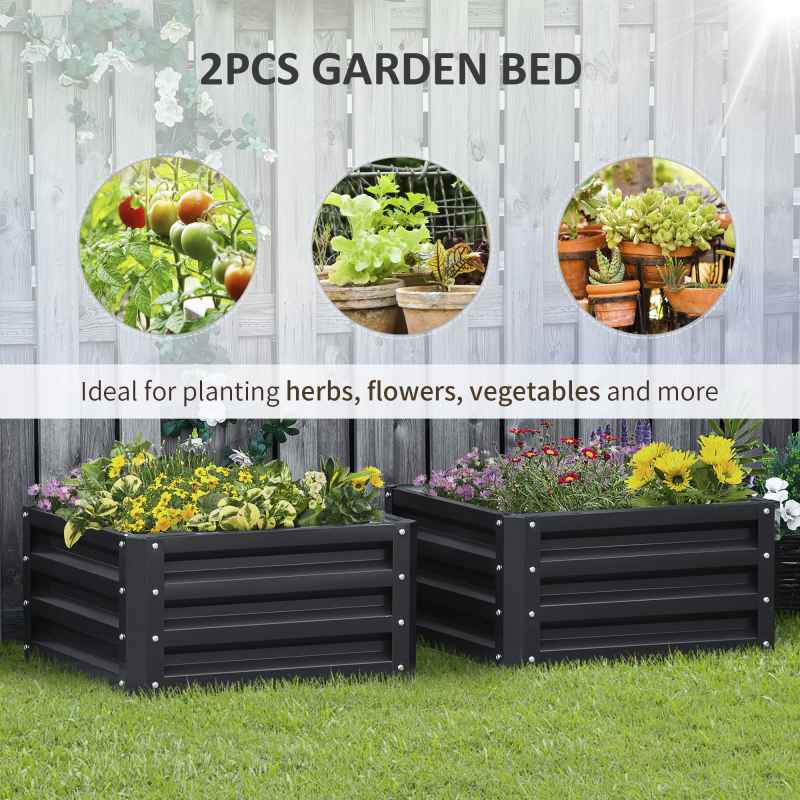 Outsunny Set of 2 Raised Garden Bed, Outdoor Planter Box with Galvanised Steel Frame for Growing Vegetables, Flowers and Herbs, 60 x 60 x 30.5 cm, Grey