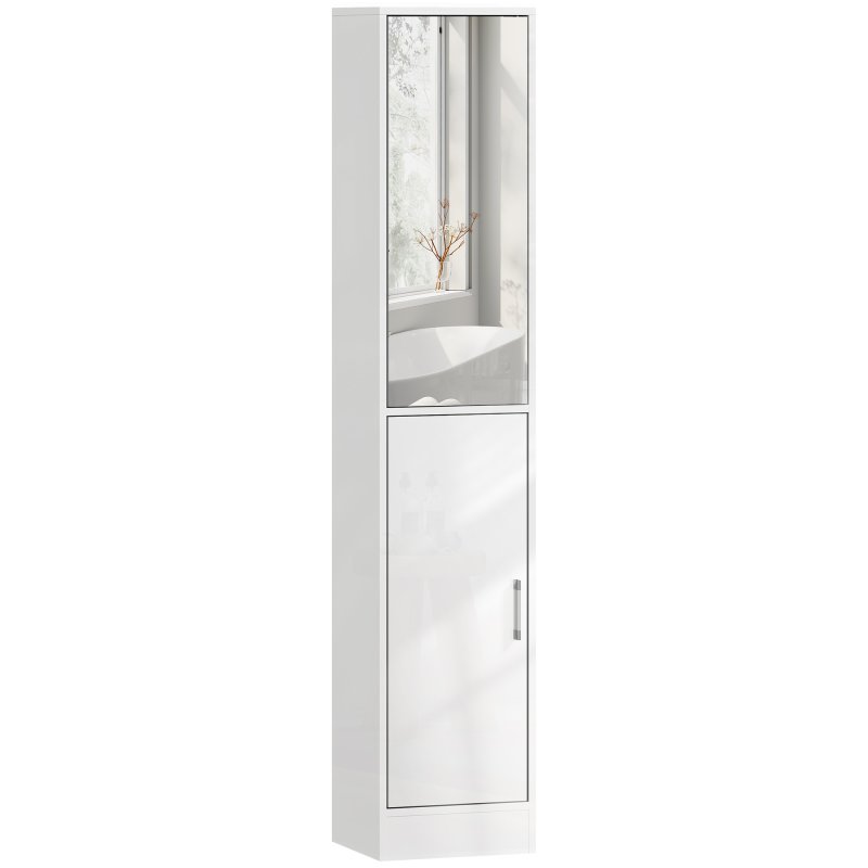 kleankin Tall Mirrored Bathroom Cabinet, Bathroom Storage Cupboard, Floor Standing Tallboy Unit with Adjustable Shelf, High Gloss White