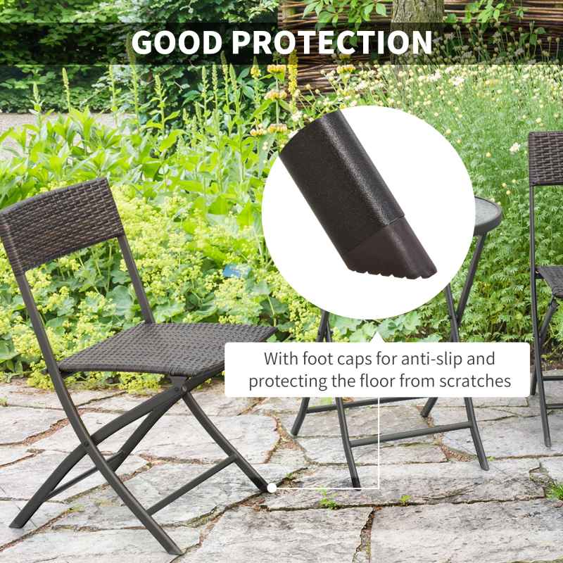 Outsunny 3 Pieces Rattan Bistro Set, Wicker Folding Garden Furniture Set with Round Glass Top Coffee Table and Chairs for Outdoor, Patio, Balcony, Brown