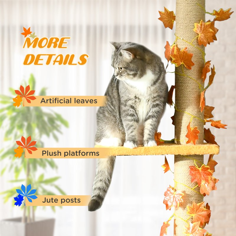 PawHut 242cm Floor to Ceiling Cat Tree for Indoor Cats with Leaves, Height Adjustable Cat Climbing Tower with Scratching Post, Anti-Slip Kit - Orange