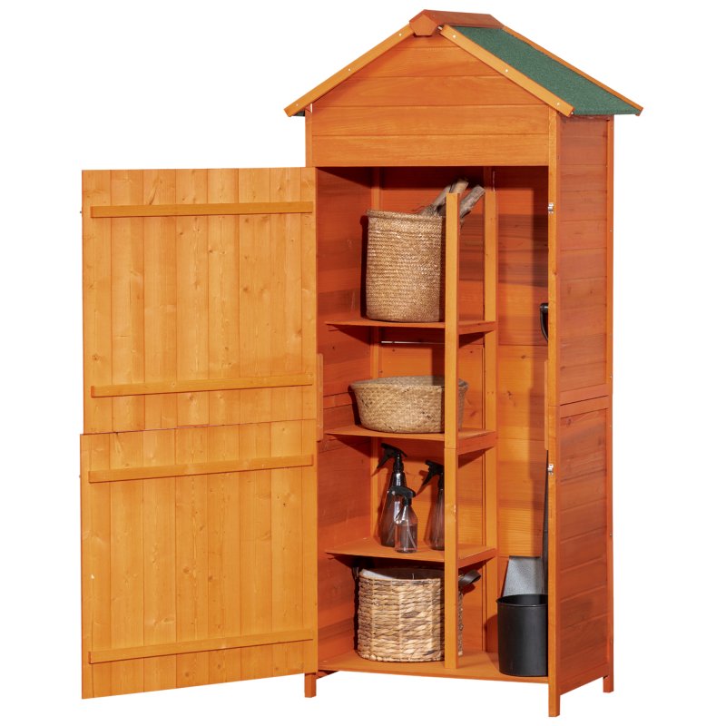 Outsunny Wooden Outdoor Storage Shed, Compact Utility Outdoor Tool Shed with Lockable Double Doors and Shelves, Orange