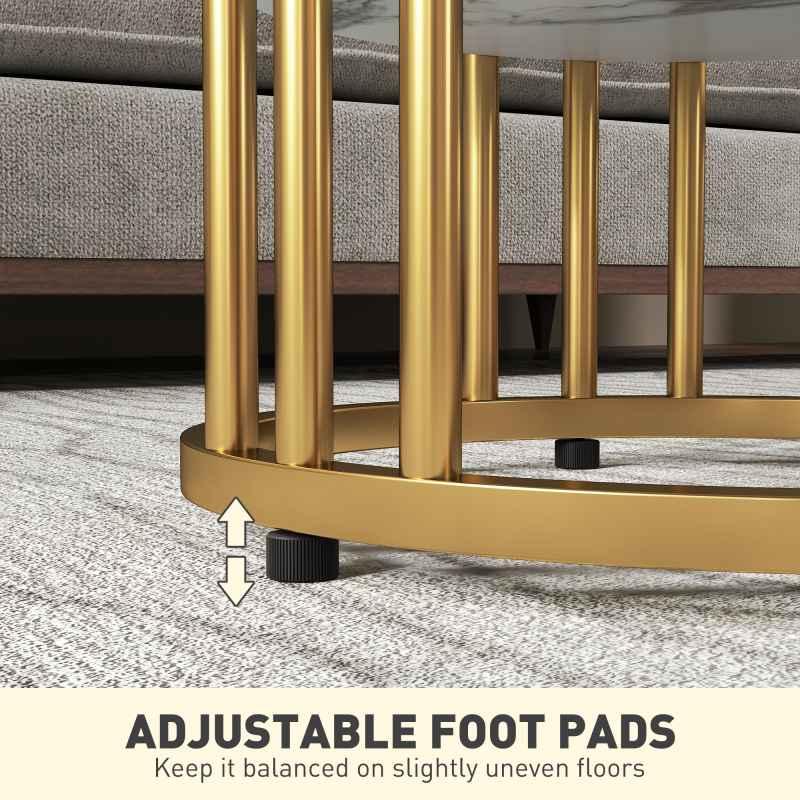 HOMCOM Round Coffee Table Set of 2, Marble-Effect Side Tables with Storage Open Shelf and Steel Frame for Living Room, Bedroom, Gold Tone