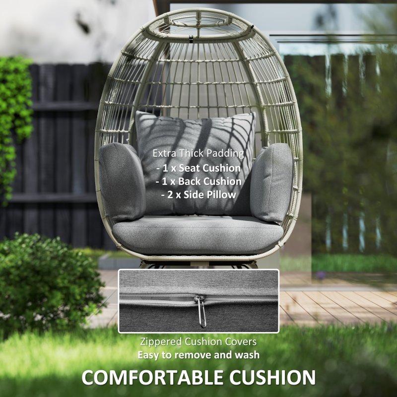 Outsunny Oversized Garden Egg Chair, Outdoor Wicker PE Rattan Chair with Thickened Padded Cushions and Pillows for Balcony, Porch, Charcoal Grey