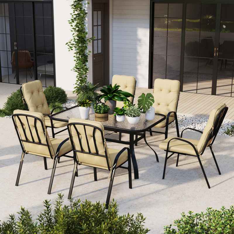 Outsunny 7 Pieces Garden Dining Set, Outdoor Rectangular Dining Table and 6 Cushioned Armchairs, Tempered Glass Top Table w/ Umbrella Hole, Texteline Seats, Beige