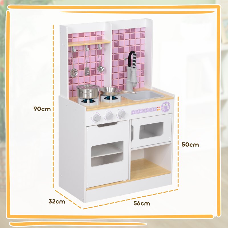 AIYAPLAY Kids Play Kitchen, Pretend Play Kitchen with Realistic Over, Stove, Sink, Kitchen Accessories, Cooking Playset with Light, Sound, for Ages 3+ Years, White