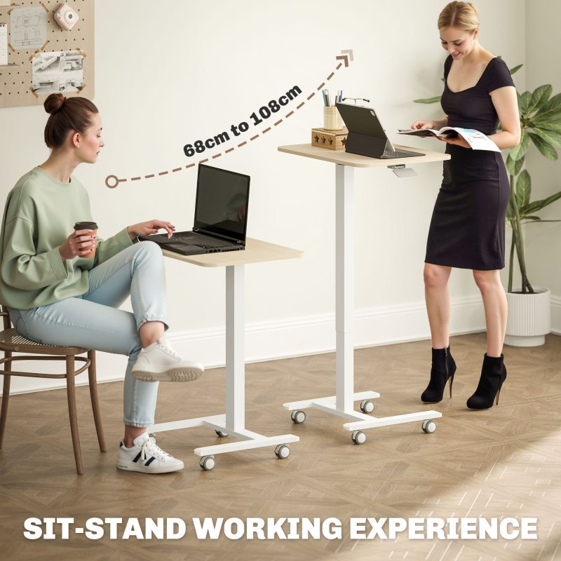 Vinsetto 65 - 48cm Mobile Standing Desk with 4 Rolling Castors, Stand Up Desk on Wheels, Height Adjustable Standing Desk, Over-bed Table for Living Room, Bedroom, Medical, Natural Wood Finish