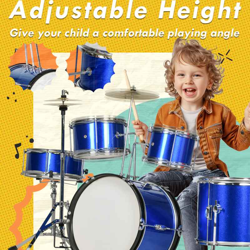 AIYAPLAY Drum Kit for Kids, Full Sized Drum Set with Five Drums, Two Cymbals, Stool, Drumsticks, Pedal, Cymbals, Musical instrument Toy, Blue