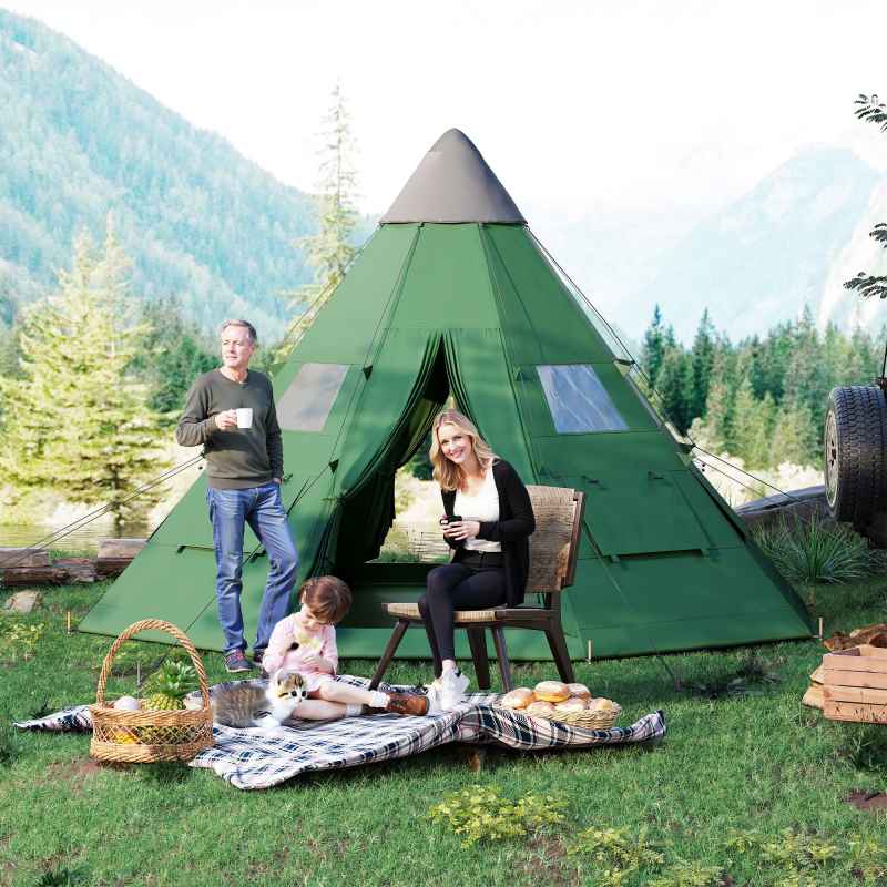 Outsunny 6 Men Tipi Tent, Camping Tent with Mesh Windows, Sewn-in Floor, Two Doors and Carry Bag, Easy Set Up, for Hiking Picnics Outdoor Night, Green