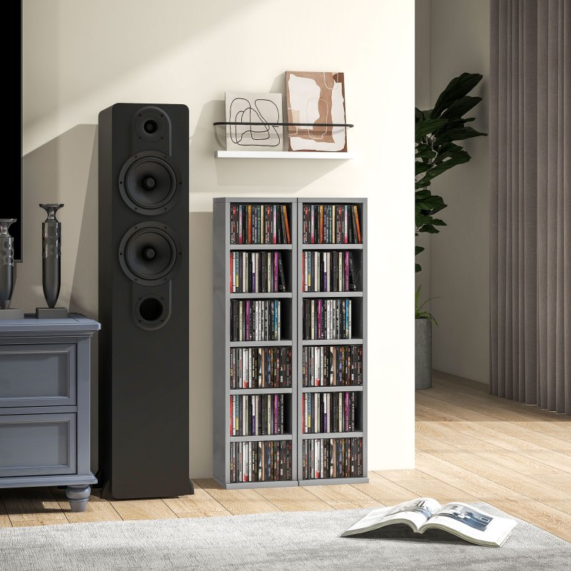 HOMCOM 204 CD Media Display Shelf Unit Set of 2 Blu-Ray Tower Rack w/ Adjustable Shelves Bookcase Storage Organiser, High Gloss Grey