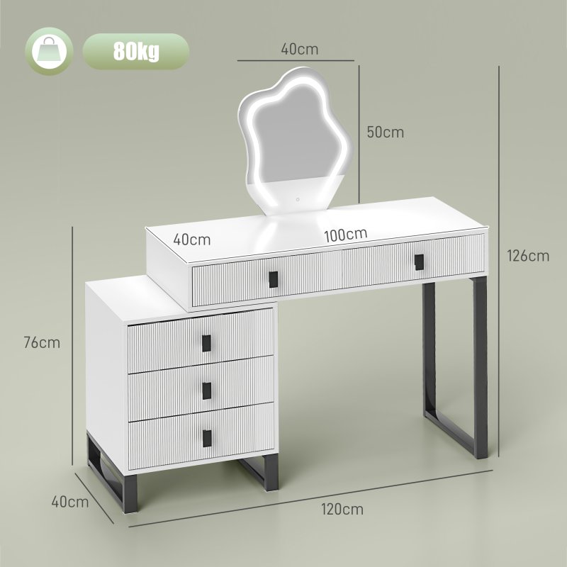 HOMCOM LED Lighted Dressing Table with Leaf Shape Mirror, Modern Vanity Desk with 5 Drawers, Makeup Desk with Fluted Panels, White