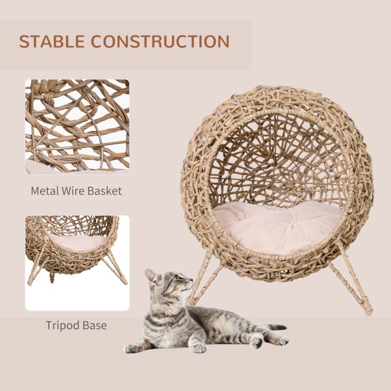 PawHut Wicker Cat House, Rattan Elevated Cat Bed with Three Tripod Legs, Ball-Shaped Cat Basket with Cushion - Natural Wood Finish