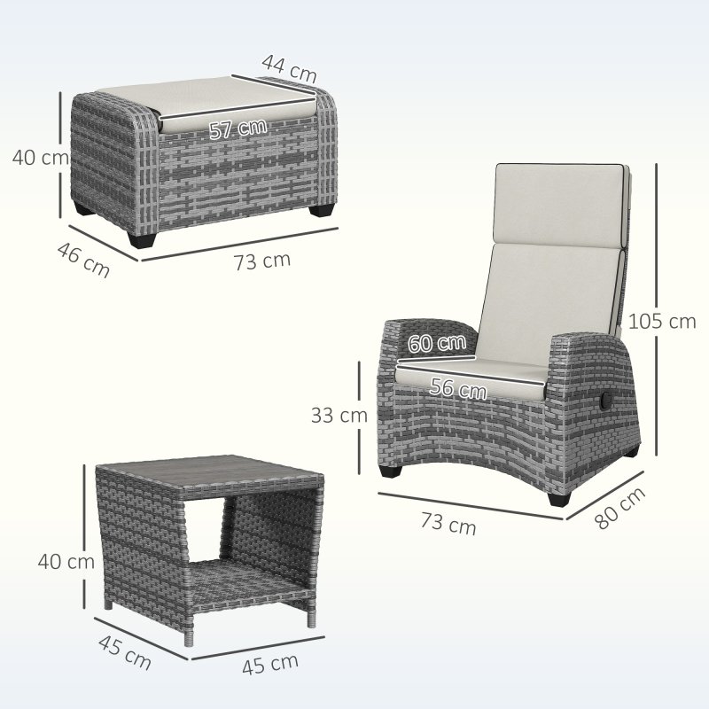 Outsunny 5 Pieces PE Rattan Garden Furniture Set, Wicker Outdoor Furniture Set with Reclining Chairs, Coffee Table, Footstools and Thick Cushions for Balcony, Patio, Grey