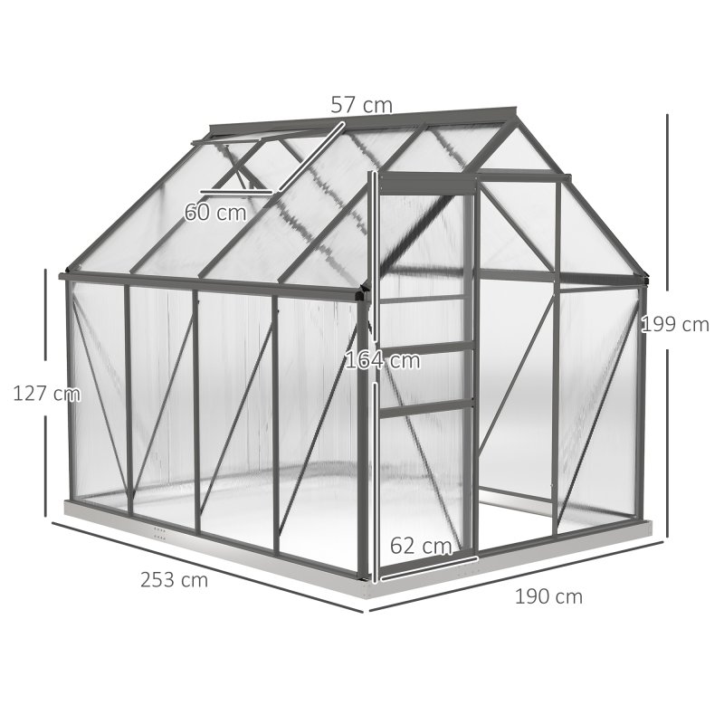 Outsunny 6 x 8ft Polycarbonate Greenhouse, Large Walk-In Greenhouse with Adjustable Roof Vent, Garden Green House with Galvanised Base, Sliding Door and Rain Gutter, Dark Grey