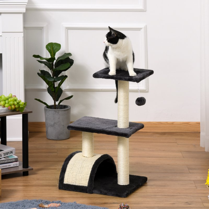 PawHut Cat Tree Tower for Indoor Cats, 72cm Climbing Activity Centre w/ Sisal Scratching Post, Pad, Arc Perch, Hanging Ball, Toy - Black