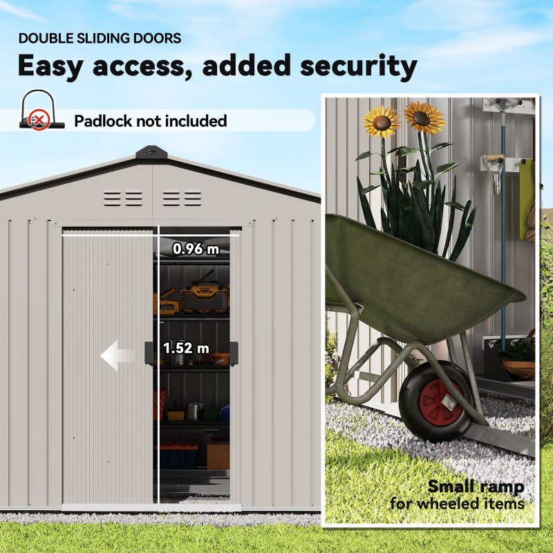 Outsunny 9 x 6ft Metal Garden Shed, Outdoor Storage Tool House with Ventilation Slots, Foundation Kit and Lockable Double Doors, Silver Grey