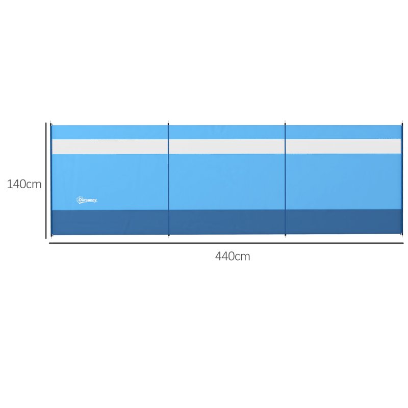 Outsunny Camping Windbreak, 4 Pole Windbreaker Blocker with Clear Windows, Carry Bag and Steel Poles, for Beach Caravan Campervan, 440 x 140cm, Blue