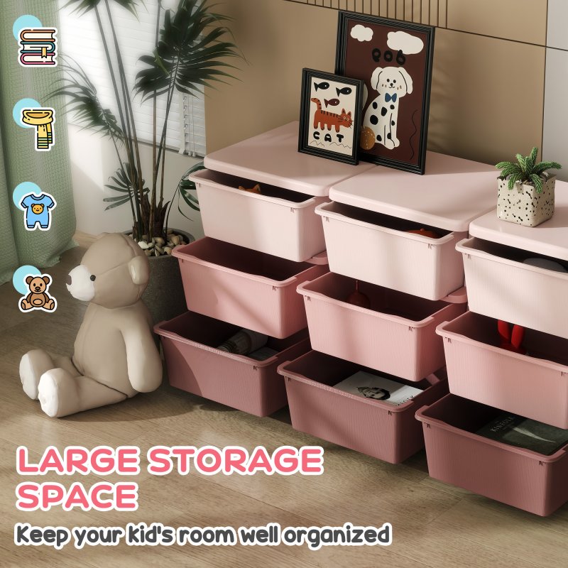 HOMCOM Kids Storage Units with 9 Drawers 3 Tier Chest Vertical Dresser Tower Toy Organiser for Nursery Playroom Kindergarten Pink