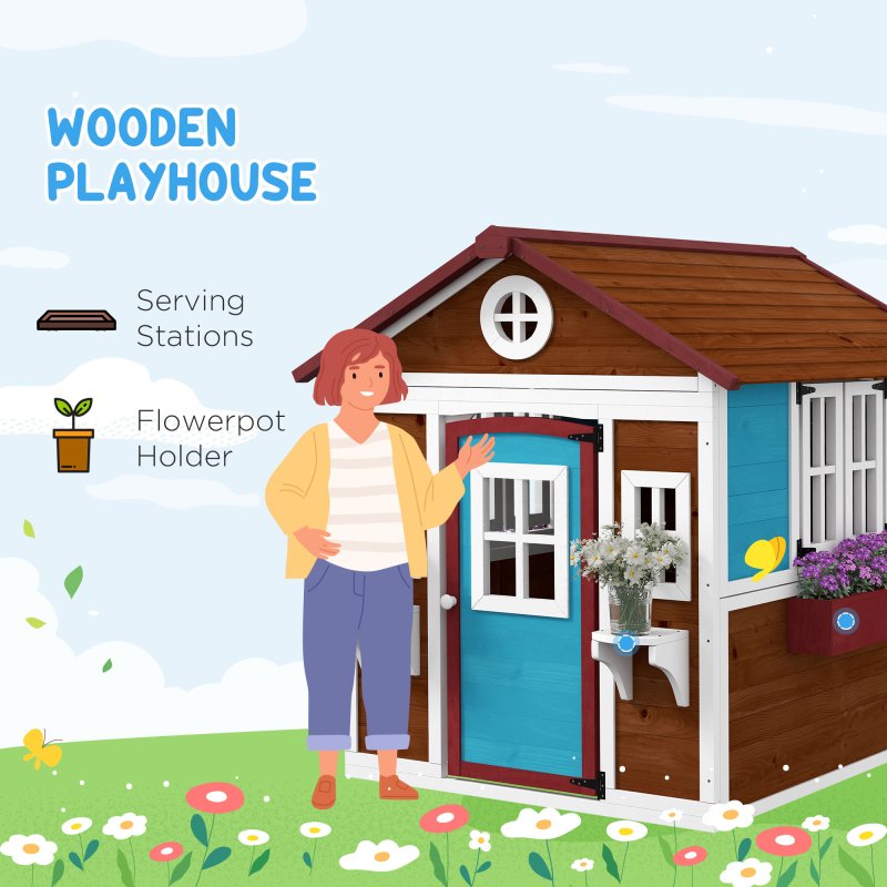 Outsunny Wooden Playhouse for Kids Outdoor Wendy House with Doors, Windows, Plant Pots, Boxes, for 3-8 Years - Dark Brown