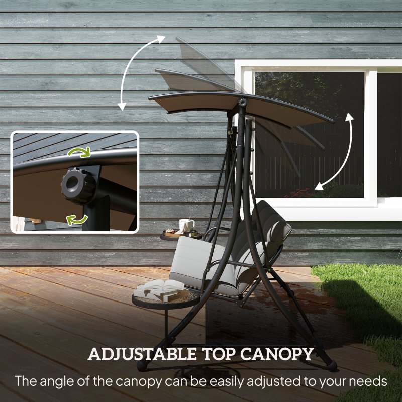 Outsunny 3 Seater Garden Swing Seat Swing Chair with Adjustable Canopy, Removable Cushion and Coffee Tables for Outdoor Patio Garden Dark Grey