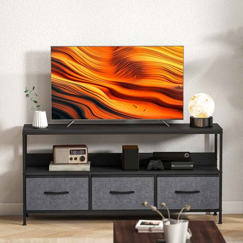HOMCOM TV Stand Cabinet up to 55-inch, TV Unit with 3 Foldable Linen Drawers, Open Shelf for Living Room, Bedroom, Entertainment Room, Black