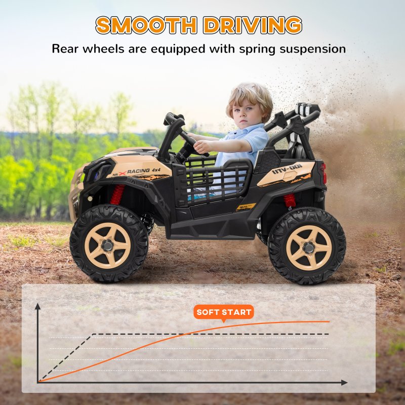 AIYAPLAY Kids Electric Ride on Car 2-Seater, 24V Truck UTV with Remote Control, Suspension System, LED Lights, Horn, Music, for 3-8 Years, khaki
