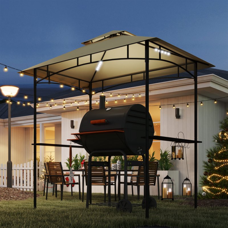 Outsunny 2.4 x 1.5 m (8' x 5') Grill Gazebo Canopy with LED Lights, Double Tiered Outdoor BBQ Gazebo Shelter with 2 Side Shelves, Storage Basket and Hooks for Garden, Barbecue, Picnic, Beige