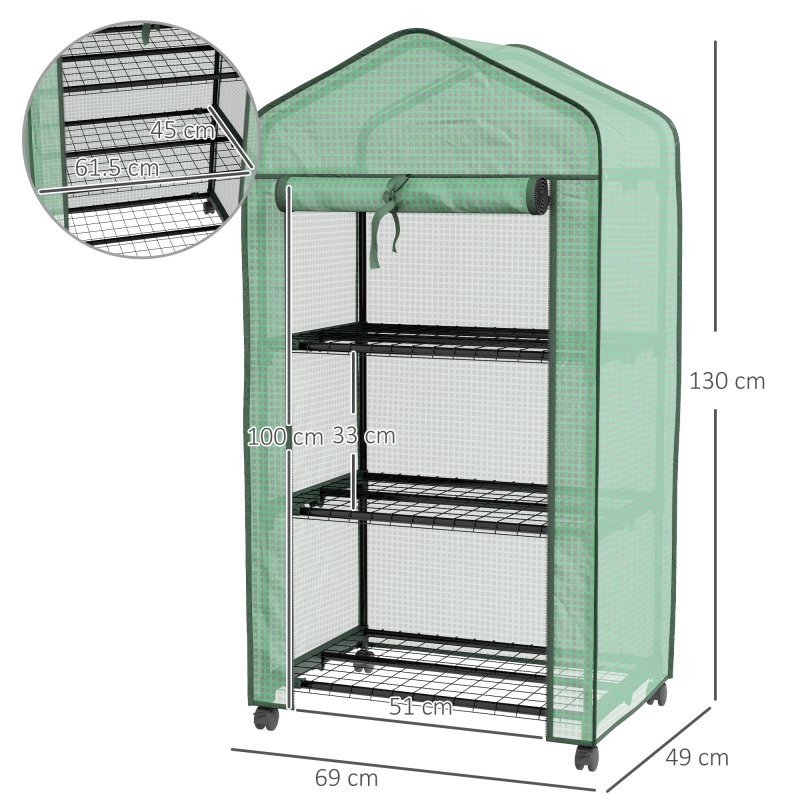 Outsunny 3 Tier Mini Greenhouse with Reinforced PE Cover and Wheels, Portable Small Greenhouse with Roll-up Door and Wire Shelves, 130H x 69W x 49D cm, Green