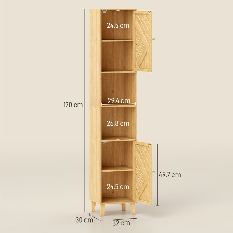 HOMCOM Tall Bathroom Cabinet with Bamboo Doors and Legs, Slim Bathroom Storage Cabinet, Freestanding Storage Cupboard with Open Compartments, Adjustable Shelves, 32 x 30 x 170 cm, Natural Wood Finish