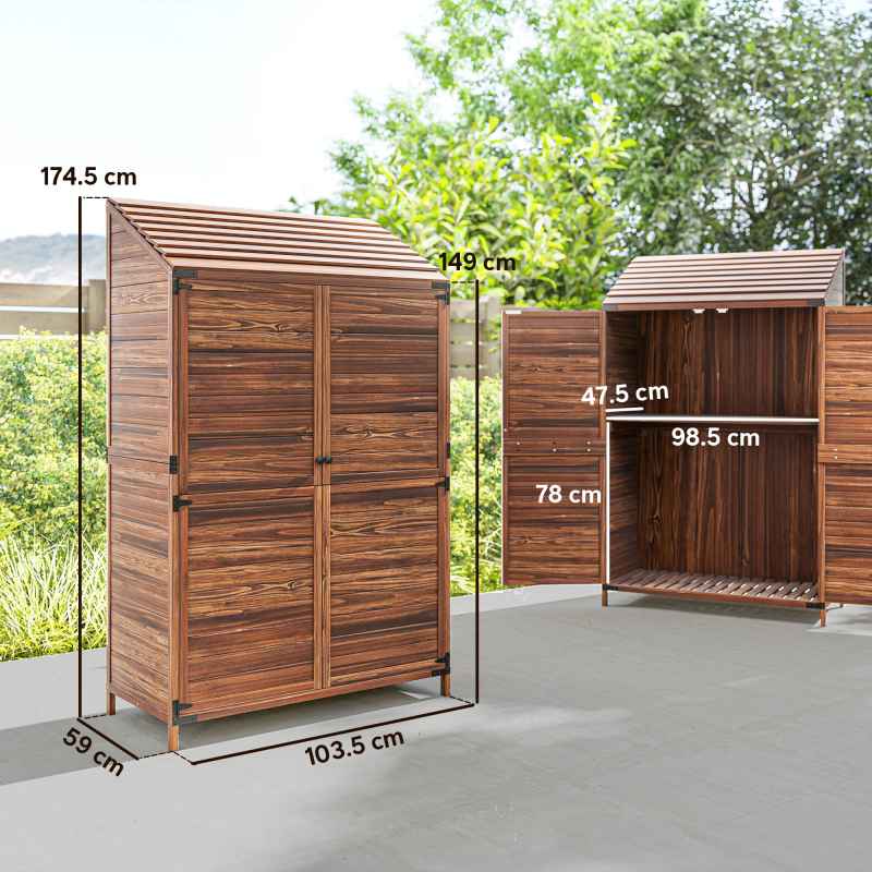 Outsunny Lean-to Small Shed, Tall Wooden Garden Shed with Slatted Bottom, Magnetic Doors, Double Shelves, Outdoor Tool Log Store, 103.5 x 59 x 174.5 cm, Mixed-Brown