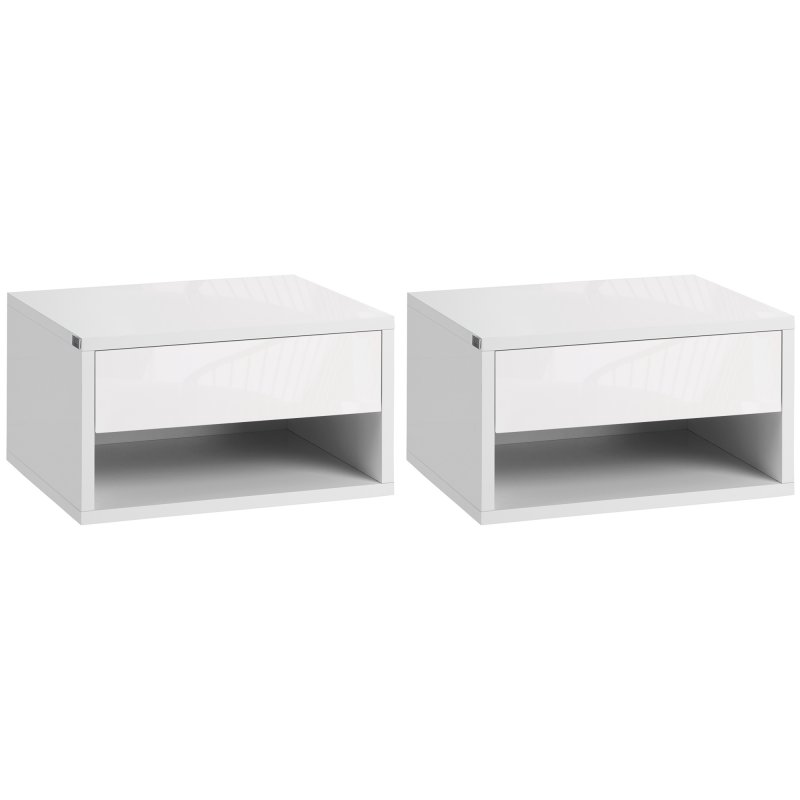 HOMCOM Floating Bedside Table Set of 2 Wall Mounted Nightstand with Storage Drawer and Open Shelf for Bedroom, High Gloss White
