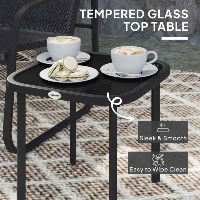 Outsunny Garden Bistro Set, 3 Piece Metal Garden Furniture Set with Mesh Chairs and Square Glass Top Table, Small Balcony Furniture for Outdoor, Patio, Conservatory, Black