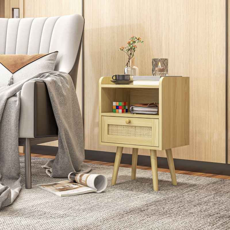 HOMCOM Bedside Tables Set of 2, Boho Styled Nightstand with Drawer, Storage Compartment and Rattan Accent, Side End Table for Bedroom, 40 x 30 x 60cm, Natural Wood Finish