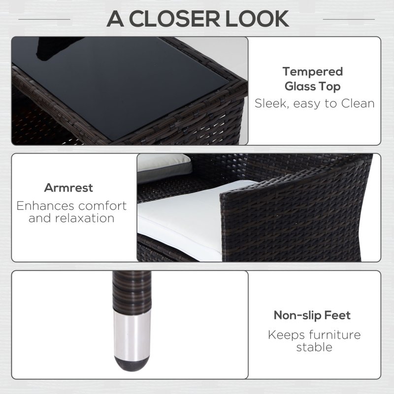 Outsunny 2 Seater Rattan Sofa with Cushions, Wicker Garden Loveseat with Armrests, Outdoor Garden Sofa Couch with Metal Frame for Patio, Brown